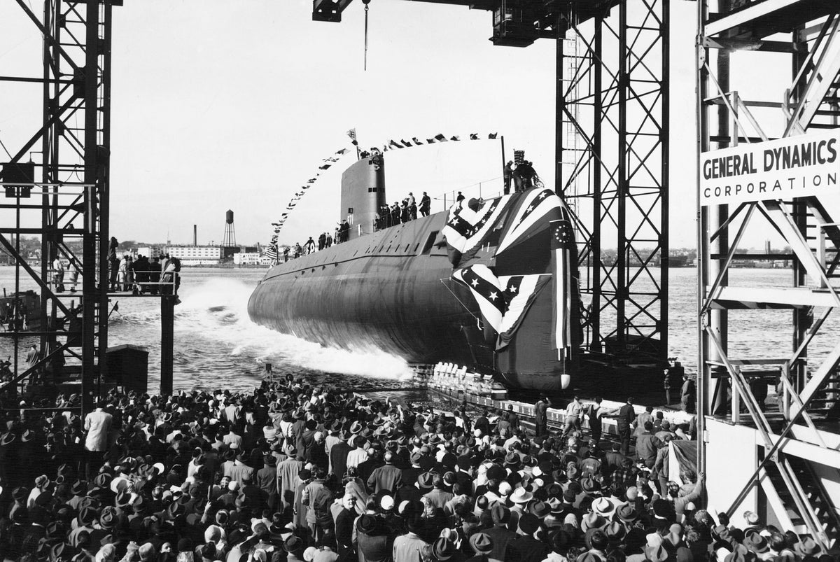 The USS Nautilus (SSN-571) sliding down the ways on launch day, January 21, 1954. Courtesy Submarine Force Library and Museum