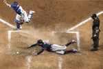 Nick Markakis of the Atlanta Braves scores in the fifth inning on a double by Christian Pache. The game was essentially lost for the Dodgers in the fifth when the Braves scored four runs. Robert Gauthier / Los Angeles Times