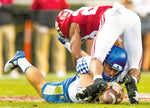 Kentucky placekicker Matt Ruffolo, expecting to attempt a field goal from the 14, ended up chasing down a high-altitude snap at the Alabama 42. The Tide’s Josh Jobe, lined up on the right edge, 11 yards from Ruffolo, came within a whisker of beating the kicker to the ball. MICKEY WELSH/MONTGOMERY ADVERTISER