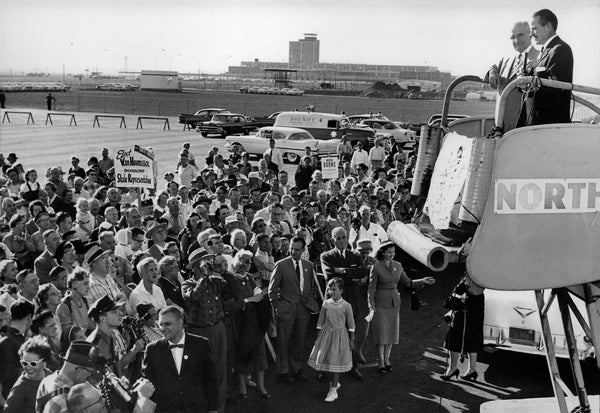 Governor Robert D. Holmes introducing former President Harry Truman to a crowd of more than 600 people upon arrival at Portland International Airport, September 1958. Courtesy Oregonian Archives