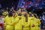 Oregon huddles before the No. 1 seed Oregon Ducks face the No. 4 seed Arizona Wildcats in the semifinals of the Pac-12 women's basketball tournament on March 7, 2020, at Mandalay Bay Events Center in Las Vegas. Courtesy Serena Morones, The Oregonian/OregonLive