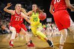 Oregon's Sabrina Ionescu (20) tries to drive past Arizona's Cate Reese (25) during the second half as the No. 1 seed Oregon Ducks face the No. 4 seed Arizona Wildcats in the semifinals of the Pac-12 women's basketball tournament on March 7, 2020, at Mandalay Bay Events Center in Las Vegas. Oregon won 88-70. Courtesy Serena Morones, The Oregonian/OregonLive