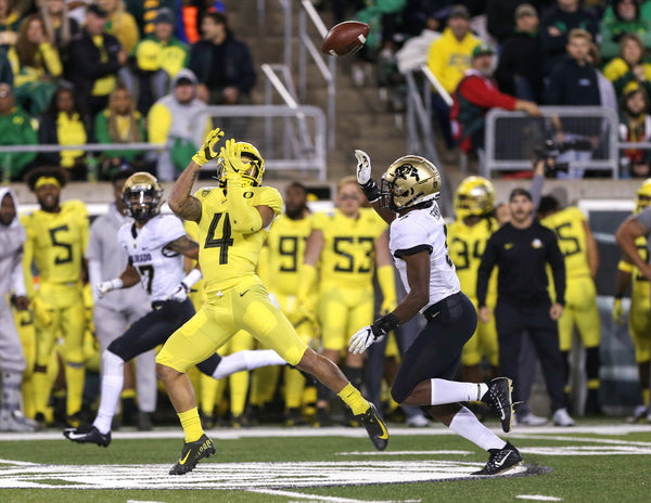 Mycah Pittman hauls in a deep pass down the middle as the Oregon Ducks face the Colorado Buffaloes at Autzen Stadium in Eugene. Pittman had three catches for 57 yards in the Ducks’ lopsided victory. Courtesy The Oregonian / Sean Meagher
