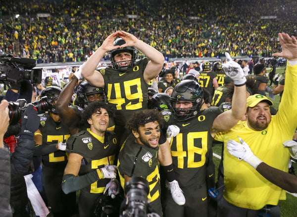 Ducks kicker Camden Lewis celebrates after he kicked the game-winning field goal as time expired to lift Oregon to a 37-35 win against the Washington State Cougars. Courtesy The Oregonian / Sean Meagher