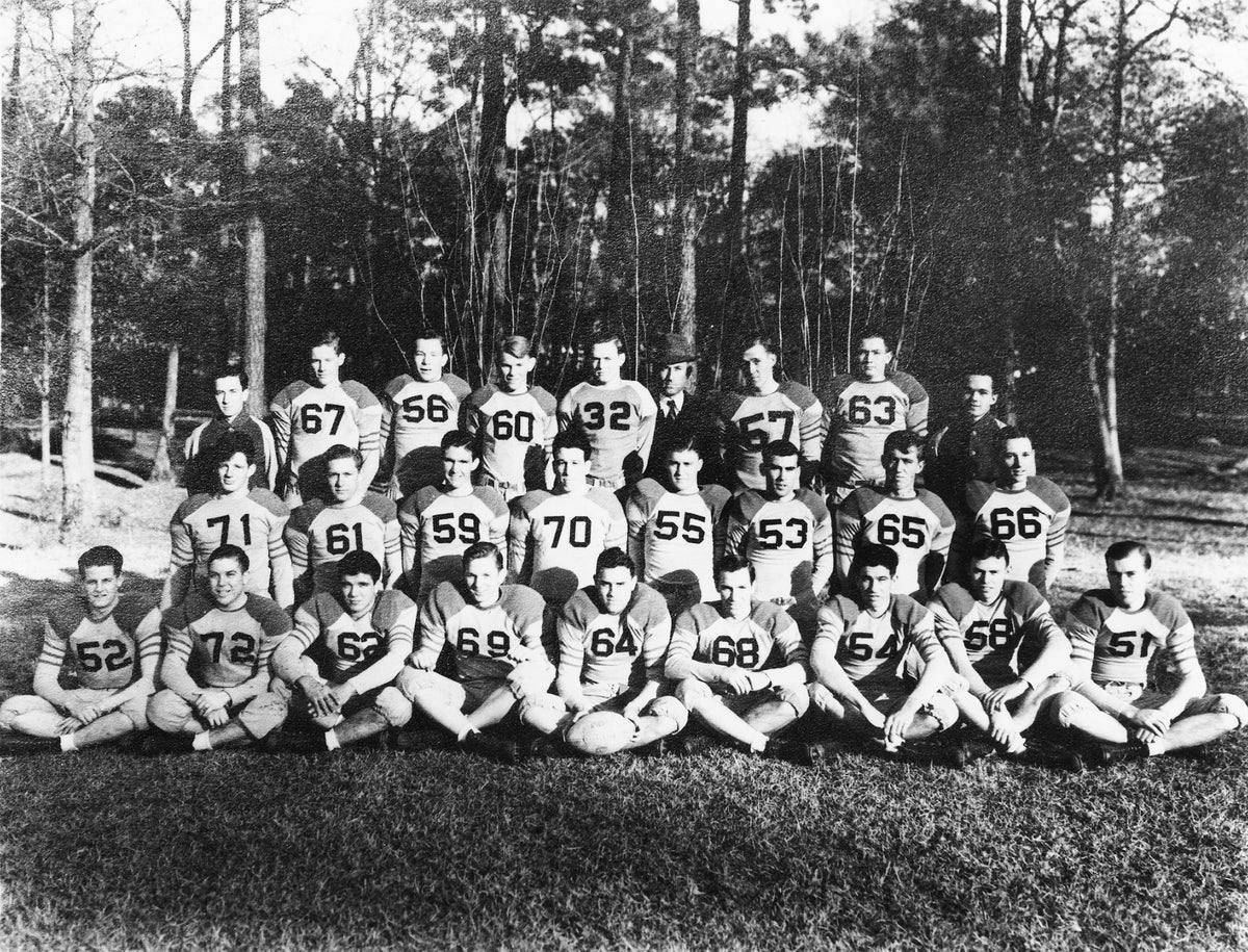 The 1939 Big Eight Toy Bowl Champions from Laurel High School. The team was invited to play in the Times Picayune Toy Bowl in New Orleans where they defeated Holy Cross High School of New Orleans to cap a 13-0 season. Pictured, left to right, front row are, Donald Jackson, Morris Harrelson, E.G. Stanley, Jeffy Burkett, James McLeod, Bill Flowers, Ray Woodward, Jessie Overstreet and Muriel Pearcey. Middle row are, Peter Joe Connoley, Wright Elliott, Edwin Carter, Robert Bethea, Dewey Doggette, Harold Pearcey