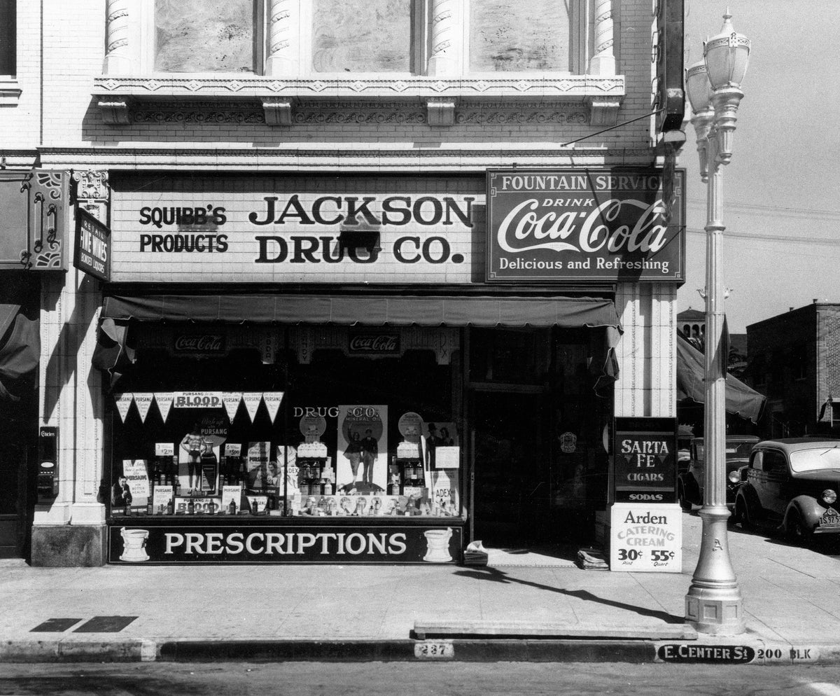 Jackson Drug Co. store at 237 East Center Street in Anaheim, circa 1936. Courtesy Anaheim Public Library