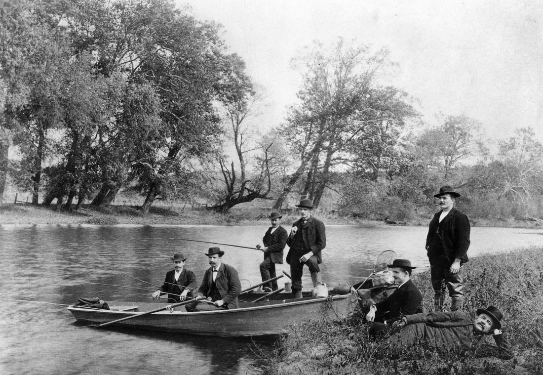 Zoar villagers fishing in the Tuscarawas River near Zoar, circa 1895. From left: Aug. Kuecherer, Louis Zimmerman, Ben. Beither, C. F. Sylvan, Eugene Heid, David Harr, and Alexander Gunn, reclining. Courtesy Ohio History Connection / #P223_B04_Vol2_46=