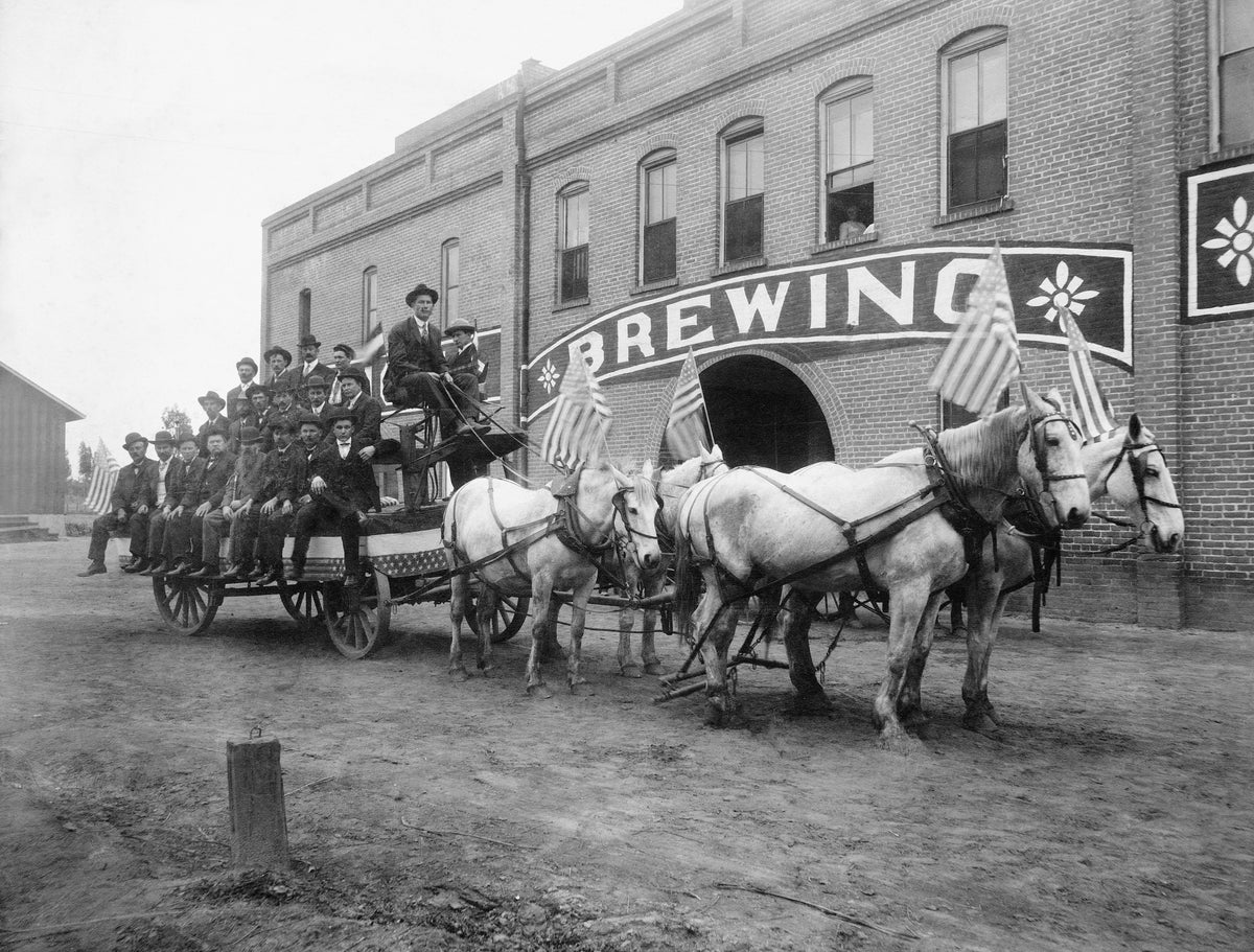 A parade wagon in front of the Anaheim Brewery at 1030 West Broadway, Anaheim, 1906. Located between the Home Oil Company and Harmony Park, the company was started in 1888 by Friedrich Conrad, and sold to Union Brewing Company in 1904. Courtesy Anaheim Public Library