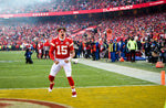Mahomes ran down to the end zone and gave fans there his customary pregame scream before the Chiefs’ AFC Championship Game against the Tennessee Titans on Jan. 19, 2020, at Arrowhead Stadium.  Kansas City Star / Tammy Ljungblad