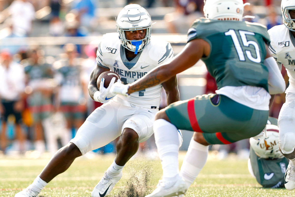 Memphis wide receiver Antonio Gibson cuts past University of Louisiana-Monroe safety Austin Hawley at Malone Stadium in Monroe, Louisiana, on Oct. 5, 2019. Courtesy Joe Rondone / The Commercial Appea