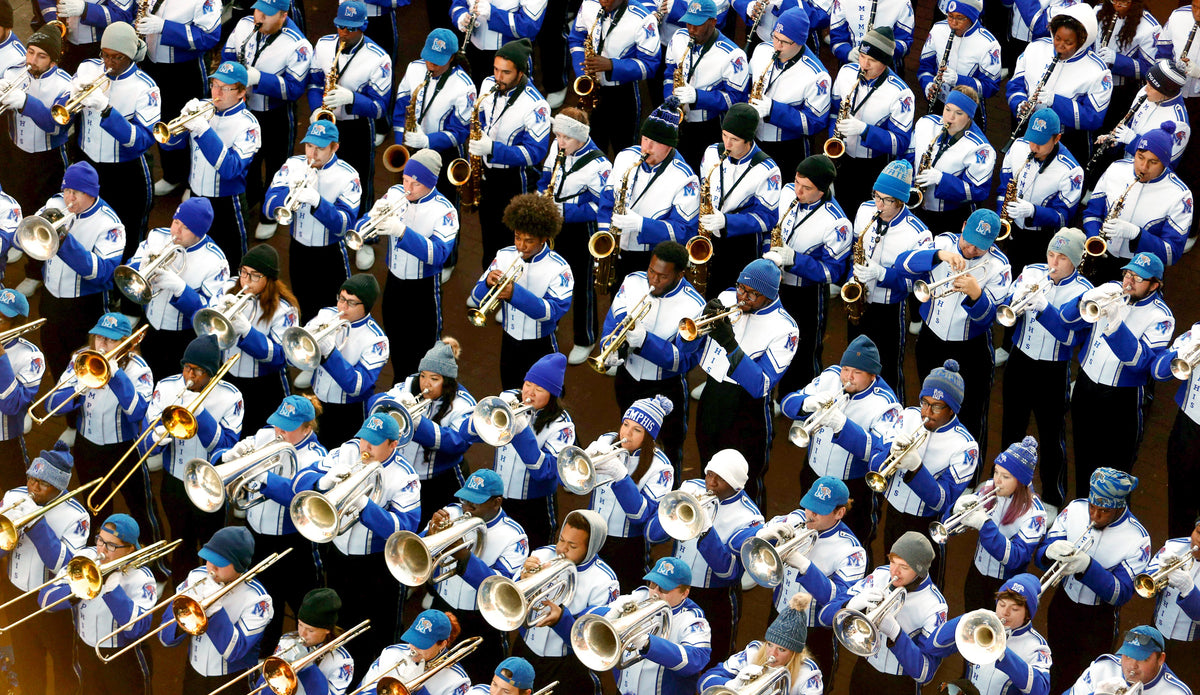 The University of Memphis Mighty Sound of the South performs as ESPN’s “College GameDay” airs from Beale Street. Courtesy Max Gersh / The Commercial Appeal