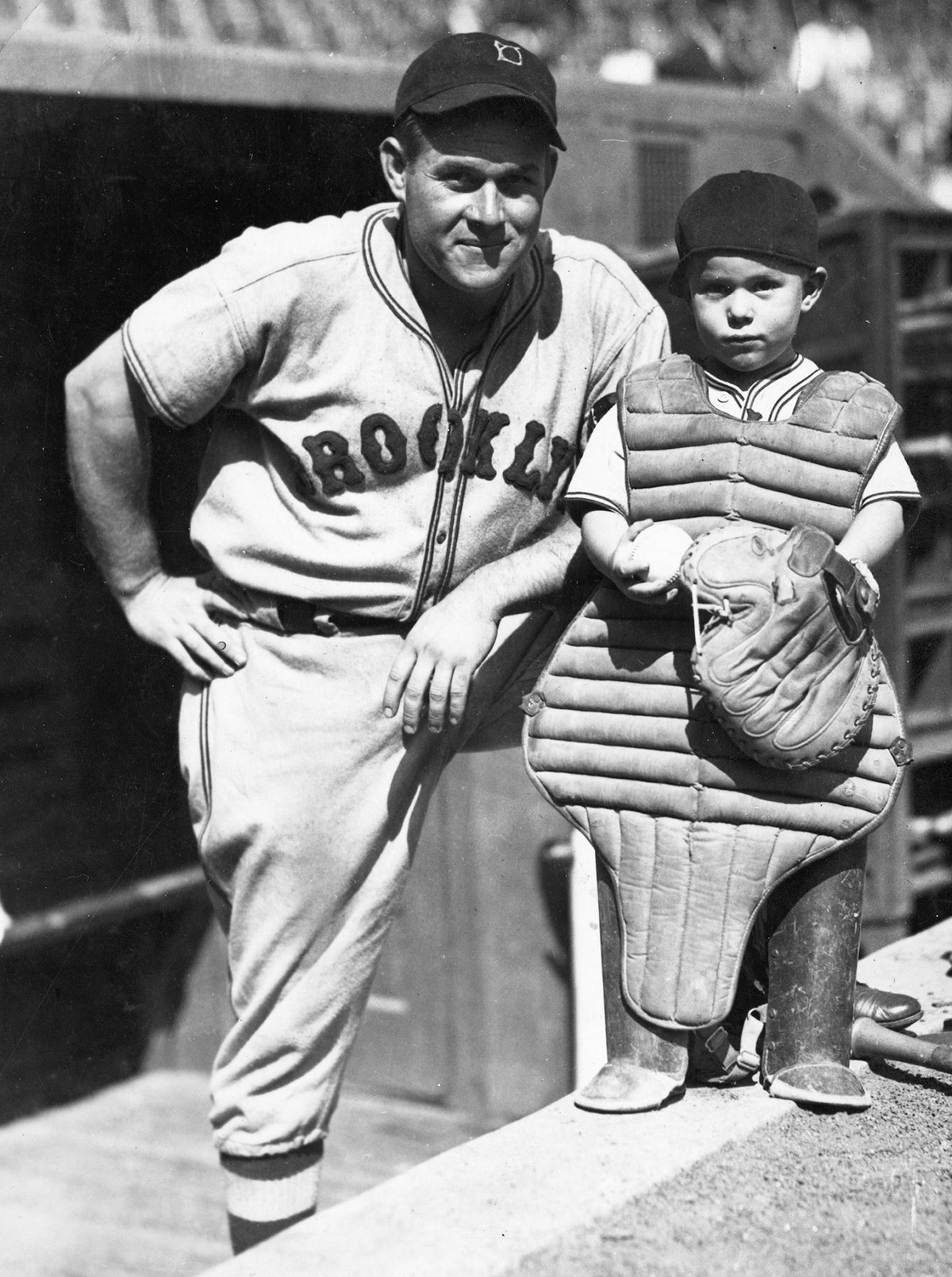 Sam Leslie, Sr., and his son Sam Jr., of Moss Point, at Ebbets Field before a game in 1936.