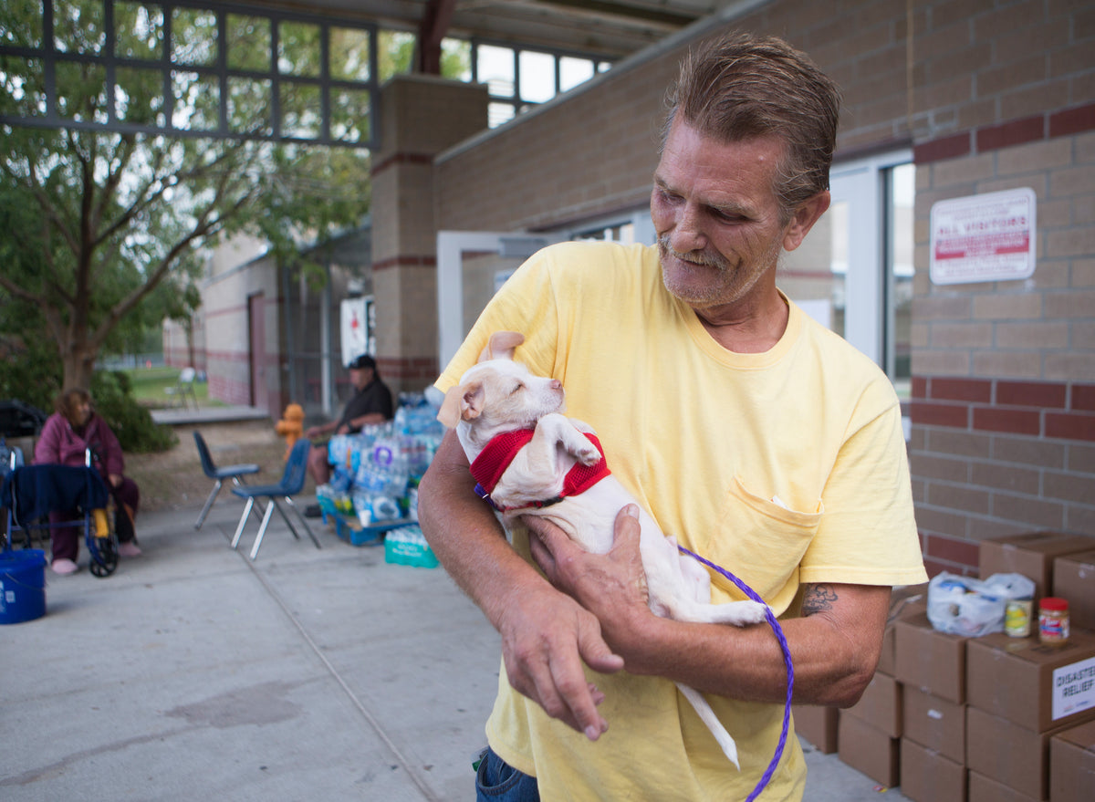 Displaced hurricane survivor Al Brown holds his dog named Little Wee while standing outside of the designated shelter on October 26 at Bozeman. Courtesy Patti Blake / The News Herald
