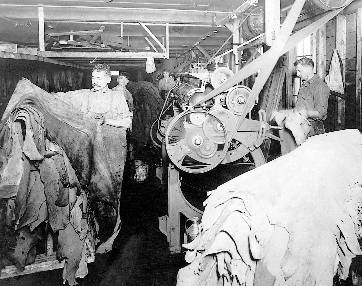 Verza Leather Factory on Foster Street, circa 1925. Owner Luigi Verza is on the right. Courtesy The George Peabody House & Peabody Leather Workers Museum
