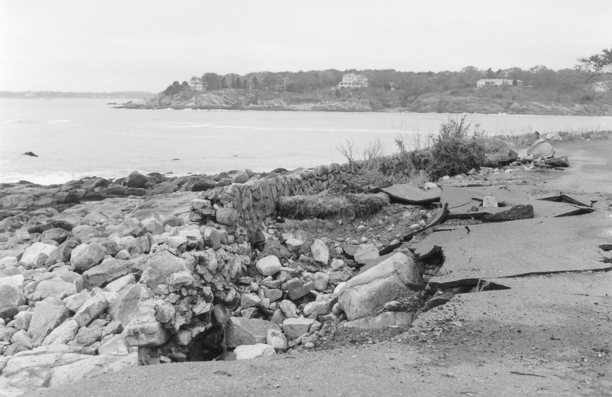 The damaged Shore Road and washed away rock wall in Magnolia. Courtesy Sue D’Ambrosio