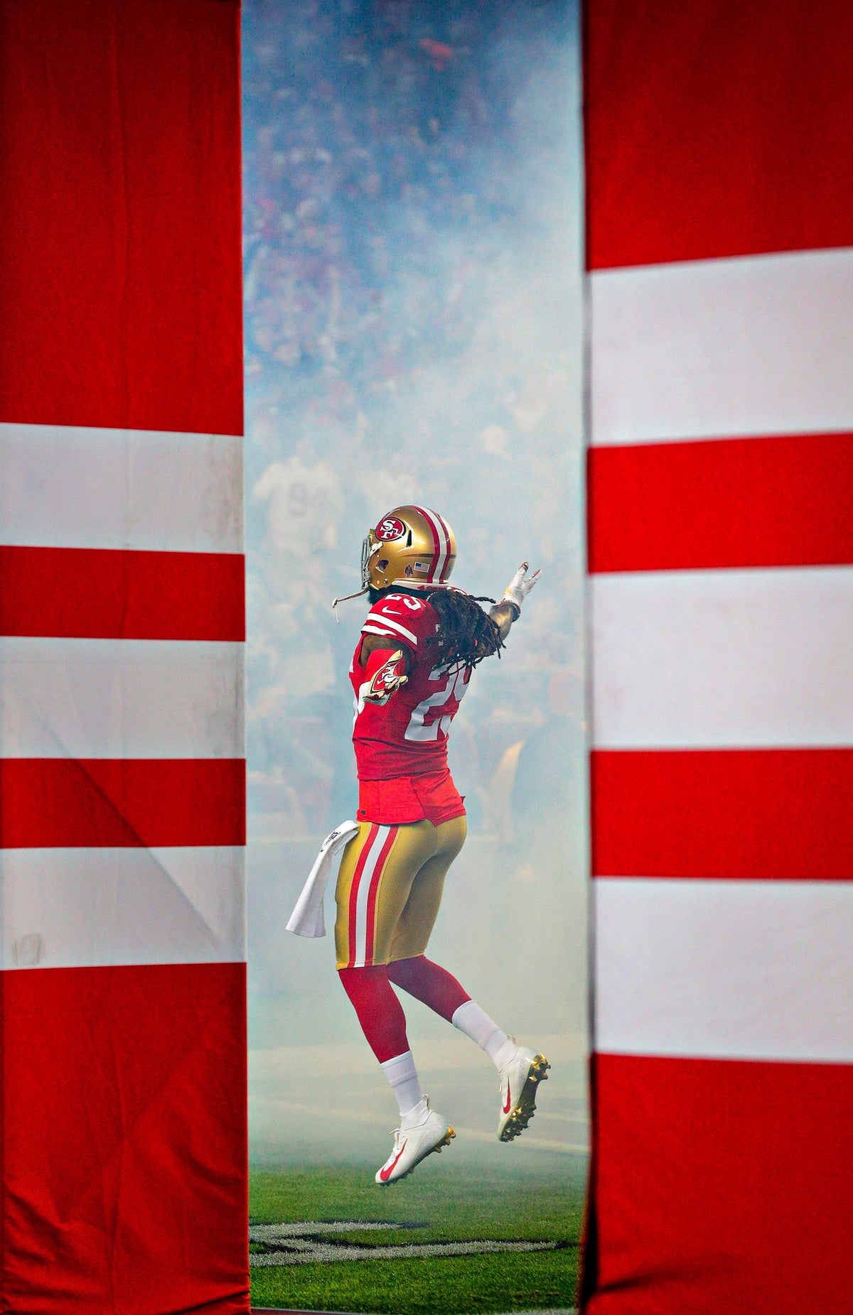 Richard Sherman (25) enters the field for introductions before the San Francisco 49ers played the Los Angeles Rams at Levi’s Stadium in Santa Clara, Calif., on Dec. 21, 2019. Carlos Avila Gonzalez/The Chronicle