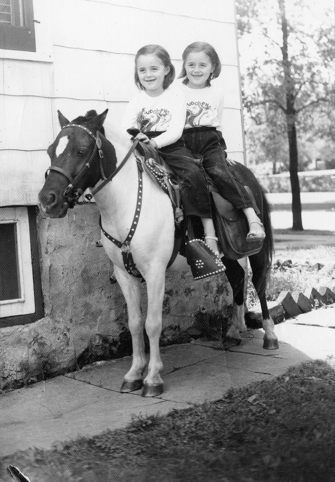 Catherine and Cecilia Cooney at the 2200 block of School Street in 1955. They sit atop a pony in participation of a photographer traveling from city to city capturing photos of children on the pony.
