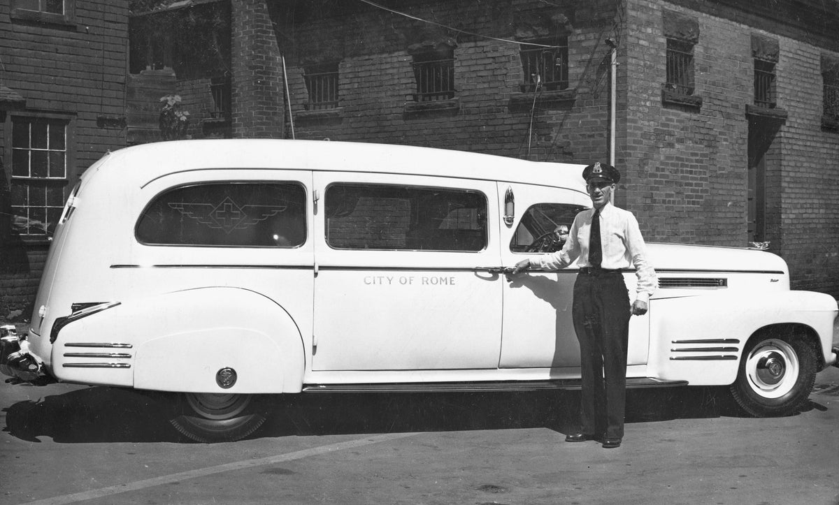 Ralph M. Shanley behind city hall at the police department with a city of Rome ambulance, circa 1939. He is the father of the photo donor, Patricia Riedel. Courtesy Patricia Shanley Riedel