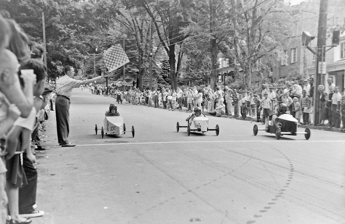 A photo finish in the soap box derby races on Chestnut Street, Meadville, 1958. Courtesy Doug Sekerski