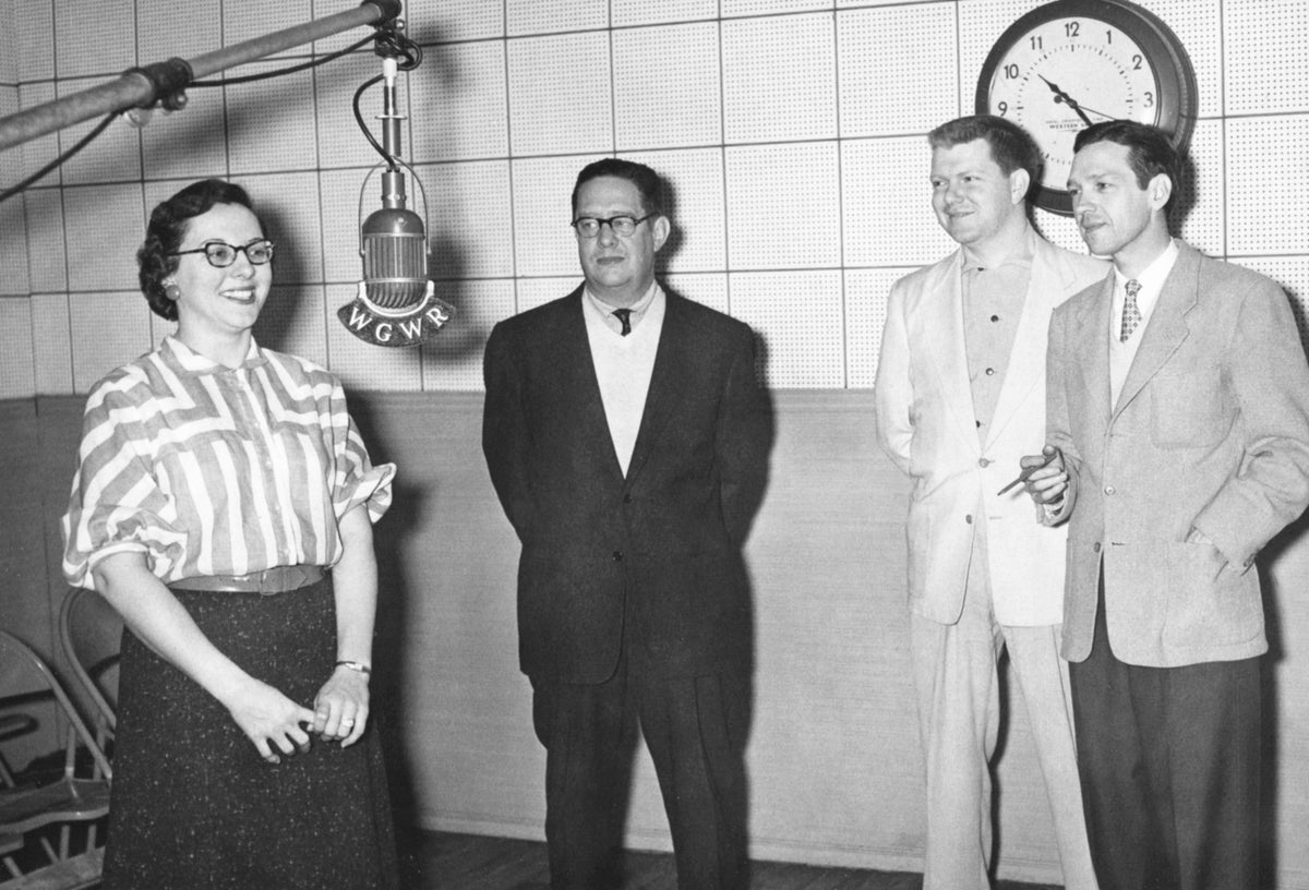 Miss Dorothy York, Mayor York, Dick Sweeney and Andy Brown broadcasting a “Building a Finer Carolina in Asheboro” message at Radio Station WGWR, 1954. Courtesy Randolph County Public Library