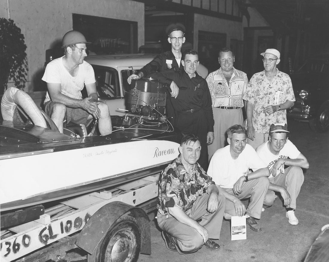 Founders of the reconstituted Lake George Regatta Association in Hague, circa 1960. Front row, from left: John Fitzgerald, Bernie Clifton, Donald Bush. Back row: Charlie Fitzgerald, Bob Hoyt, Robert Bolton, Darby Tabler, Ole Olson. Courtesy Hague Historical Museum