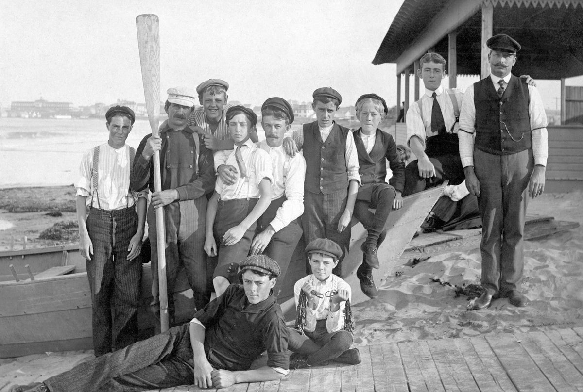 Block Island beach crew, circa 1905. Eli Sprague, Arlo C. Littlefield, Hugh Peirce, and Austin Westcott are included. Courtesy Christina Littlefield