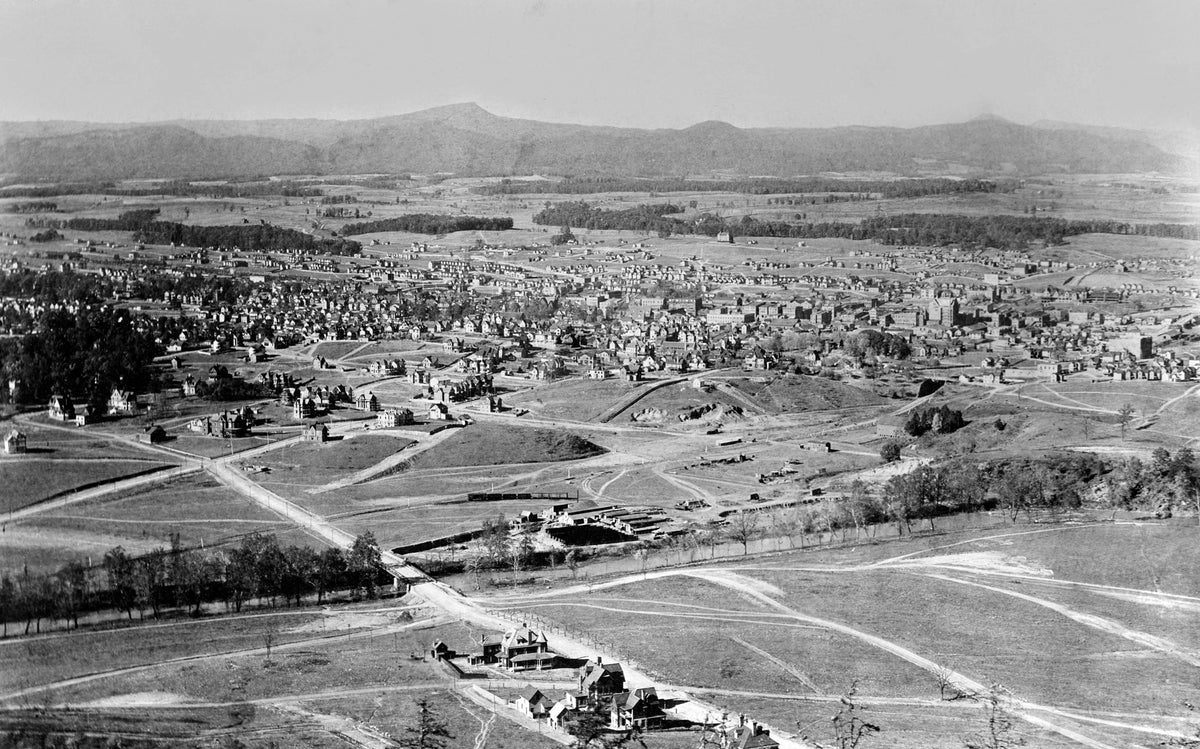 View of Roanoke from Mill Mountain, 1889. The Roanoke River is visible in the foreground. COURTESY THE ROANOKE TIMES
