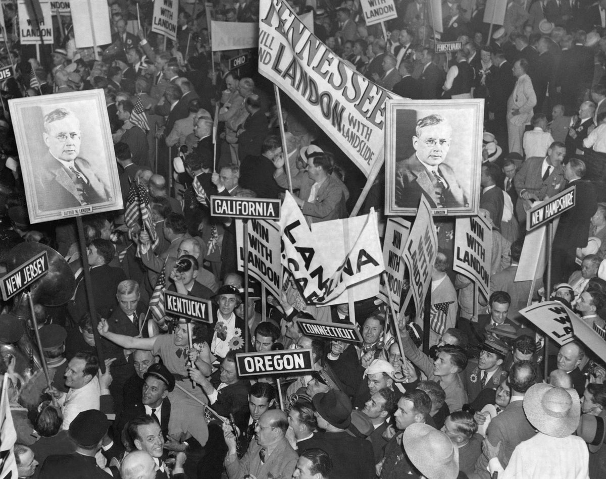 Floor of the Republican National Convention in 1936. The convention was held June 9–12 at the Public Auditorium in Cleveland. It nominated Governor Alfred Landon of Kansas for president and Frank Knox of Illinois for vice president. Courtesy Cleveland Public Library/Photograph Collection/#SCL006078