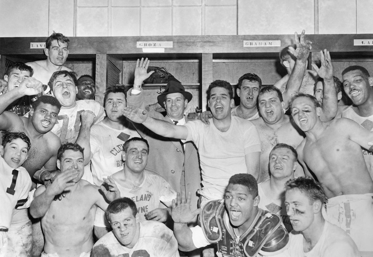 The Cleveland Browns celebrating in their locker room after winning the title, February 1955. Courtesy Cleveland Public Library Photograph Collection/#SCL016874