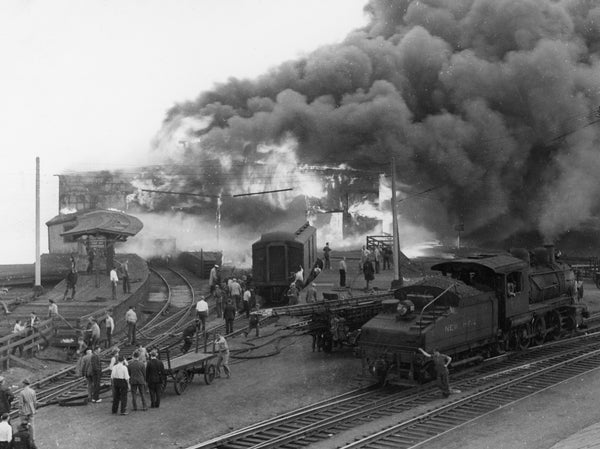 The New England Navigation Co. wharf in New London was rebuilt after the 1909 fire but burned again on Sept. 25, 1941. Twenty-three firefighters were injured battling the four-hour blaze. Public Library of New London