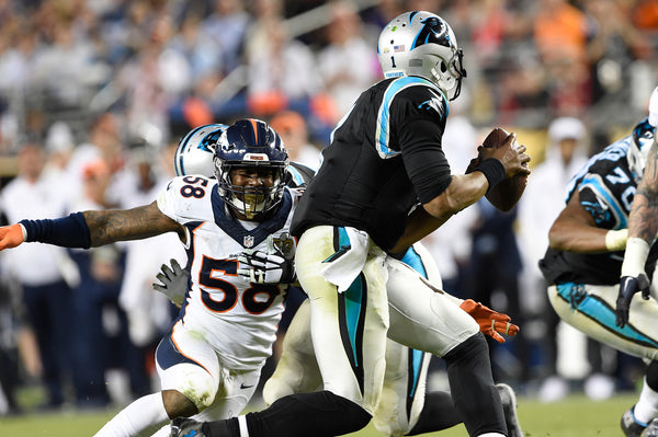 SANTA CLARA, CA - FEBRUARY 07: Von Miller (58) of the Denver Broncos sets his sights on Cam Newton (1) of the Carolina Panthers in the fourth quarter. The Denver Broncos played the Carolina Panthers in Super Bowl 50 at Levi's Stadium in Santa Clara, Calif. on February 7, 2016. (Photo by Joe Amon/The Denver Post)