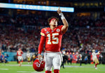 Mahomes prayed and then pointed skyward before the Chiefs’ Super Bowl appearance on Feb. 2, 2020, against the San Francisco 49ers at Hard Rock Stadium in Miami.  Kansas City Star / Jill Toyoshiba