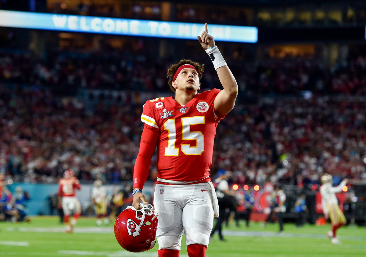 Mahomes prayed and then pointed skyward before the Chiefs’ Super Bowl appearance on Feb. 2, 2020, against the San Francisco 49ers at Hard Rock Stadium in Miami.  Kansas City Star / Jill Toyoshiba