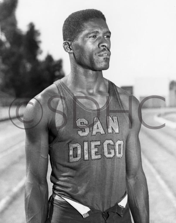 Willie Steele, co-captain of San Diego State’s track and field team in 1946, set a college record in March that year of 24 feet 10 inches in the broad jump. He was among the inaugural inductees of the Aztec Hall of Fame in 1988 for his contributions to the basketball and baseball teams, as well as track and field. CourtesySan Diego History Center (#OP15746-3141)