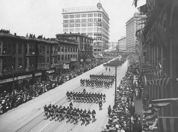 A huge crowd turned out for a parade on Second Avenue on May 26, 1908, to celebrate a visit by the Great White Fleet, a popular nickname for the Navy fleet of 16 U.S. battleships that were on a 14-month worldwide tour by order of President Theodore Roosevelt. Seattle Mayor John Miller gave Rear Adm. C.S. Sperry the key to the city. Courtesy Loren Hickman