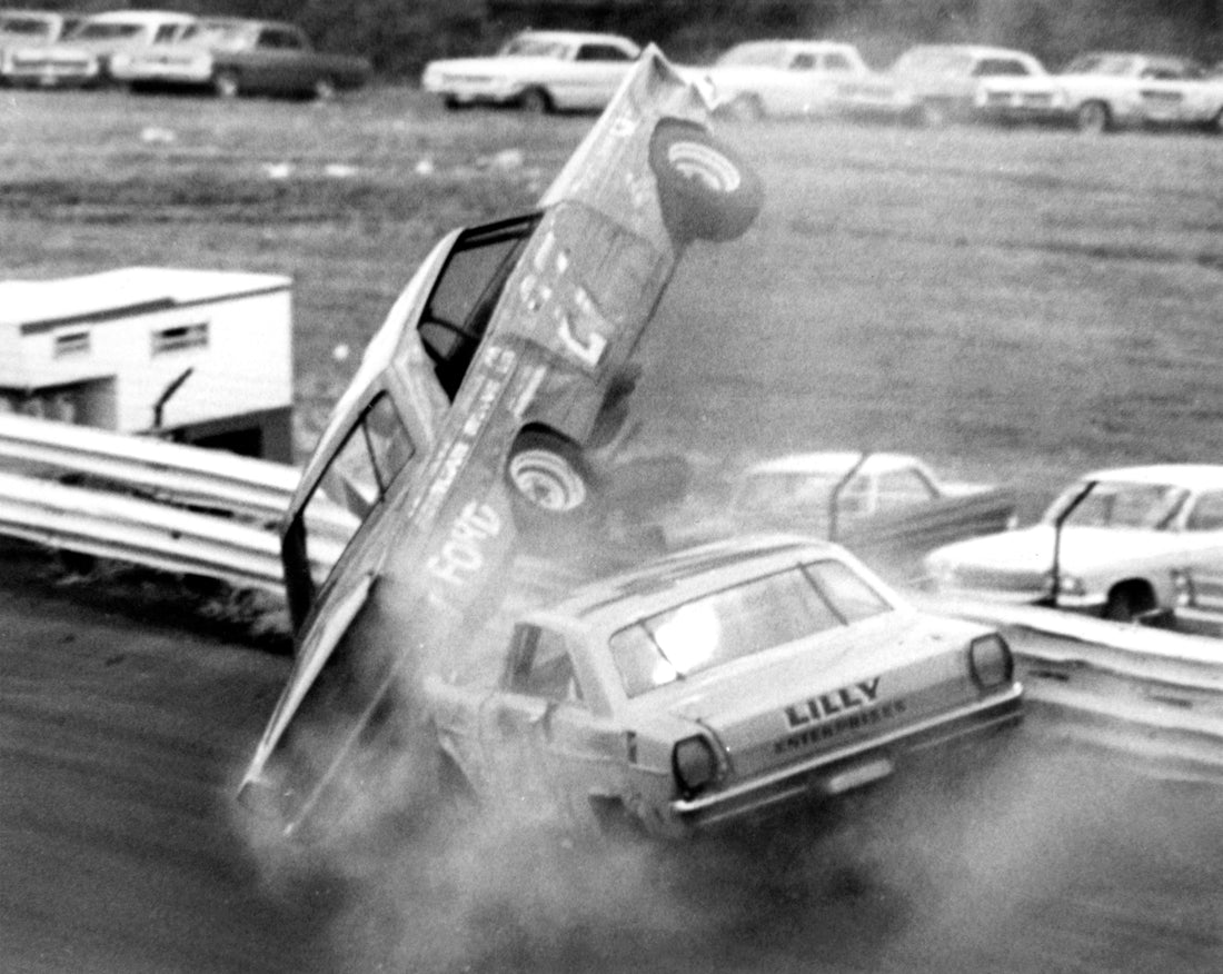 Florence County native Cale Yarborough goes over the wall in his No. 27 Banjo Matthews 1965 Ford after being wrecked by Sam McQuagg at the 1965 Southern 500 at Darlington Raceway. Courtesy Dozier Mobley / Getty Images