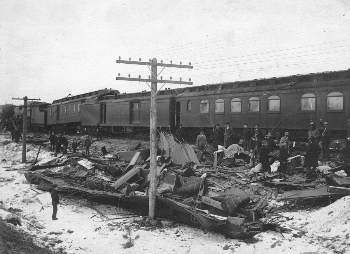 Wreck of the North Coast Limited at the west end of Cheney, February 2, 1916. The North Coast Limited ran into the rear of another train. Several people were killed. Courtesy Cheney Historical Museum