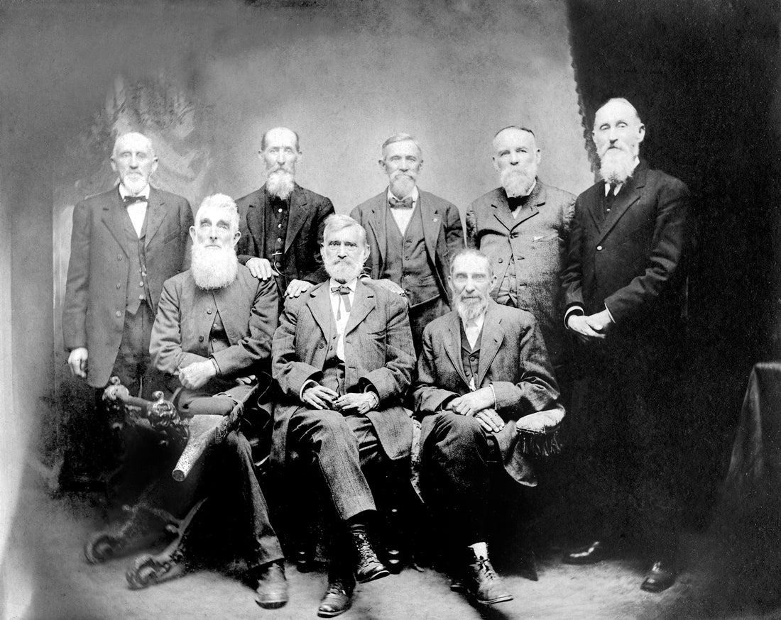 Survivors of Company F, 52nd Va. Infantry, Confederate Army, 1916. Sitting: Private Jno. S. Sheets; Capt. Jas. Bumgardner Jr.; and Private Simon W. Wampler. Standing: Private J.M. Fauver; Cpl. Edmund Furr; Cpl. Jno. C. Rutherford; Private Wm. S. Stover; and First Lieutenant Jno. A. Fauver. Courtesy Rudolph Bumgardner, III.