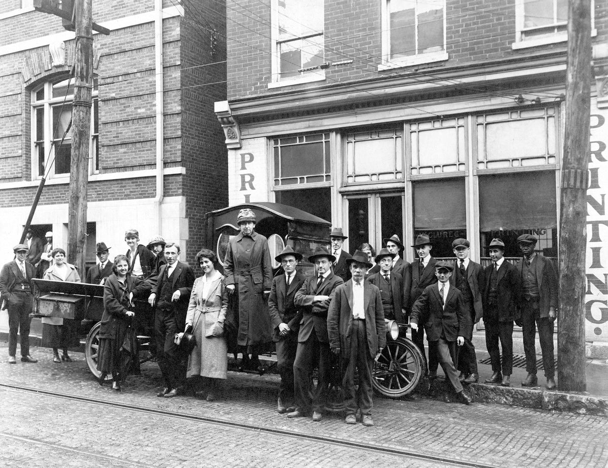 McClure Printing Co. in Staunton, 27-29 N. Augusta St., between 1914 and 1922 when they moved to Frederick Street. The company was started by Thomas H. Russell, Ted G. Russell and Chesley D. Schultz. The YMCA is to the left. Courtesy Augusta County Historical Society
