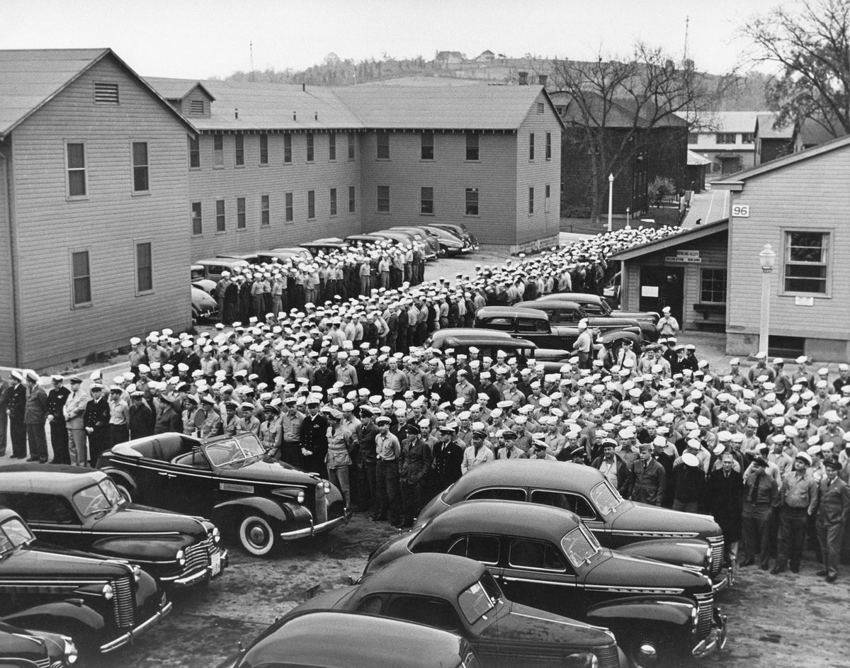 Sailors assemble for the VE Day announcement at the Subase, 1945. Courtesy Submarine Force Library and Museum
