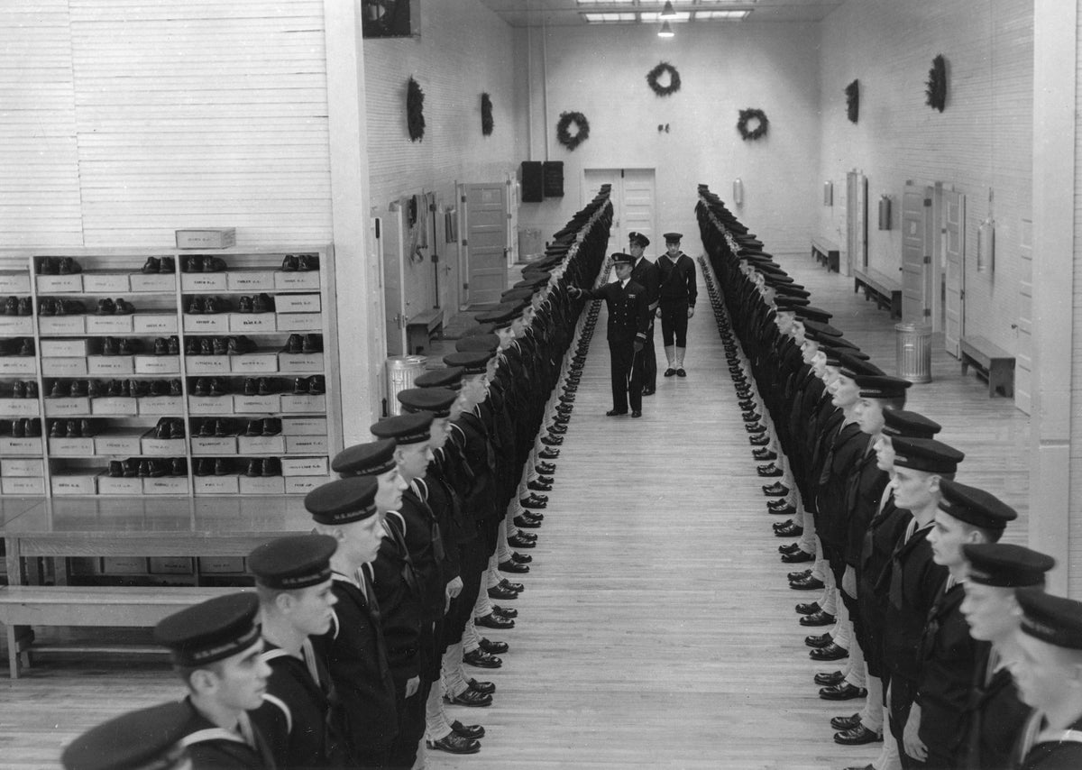Sailors stand inspection, circa 1940s. Courtesy Submarine Force Library and Museum