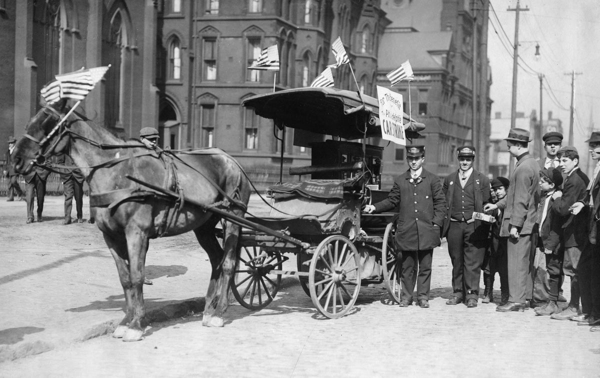 Sympathizers with the Philadelphia streetcar strikers in March 1910 used this horse and rig for soliciting funds. It was stationed on Superior just east of East Ninth Street. Courtesy Cleveland Public Library