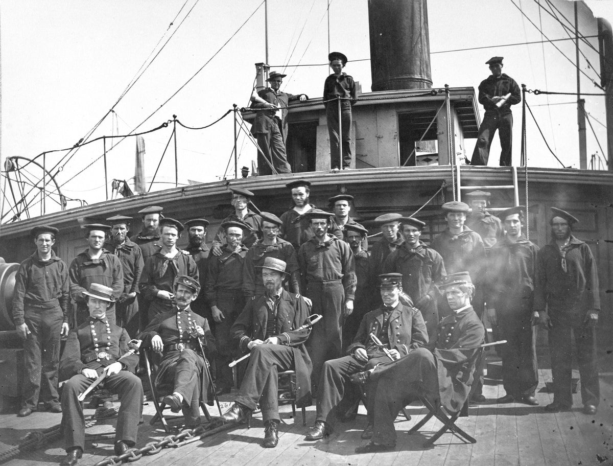 Officers and crew on deck of gunboat Agawam, James River, Va. Courtesy Library of Congress, Prints & Photographs Division, LC-DIG-ppmsca-33953