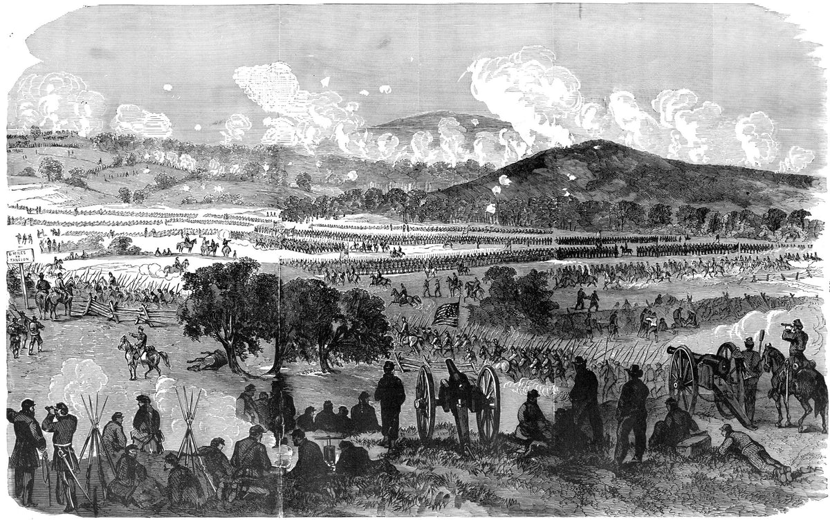 The battle of Gettysburg, Friday morning, July 3, 1863, as drawn for Leslies’ Civil War Illustrated.
