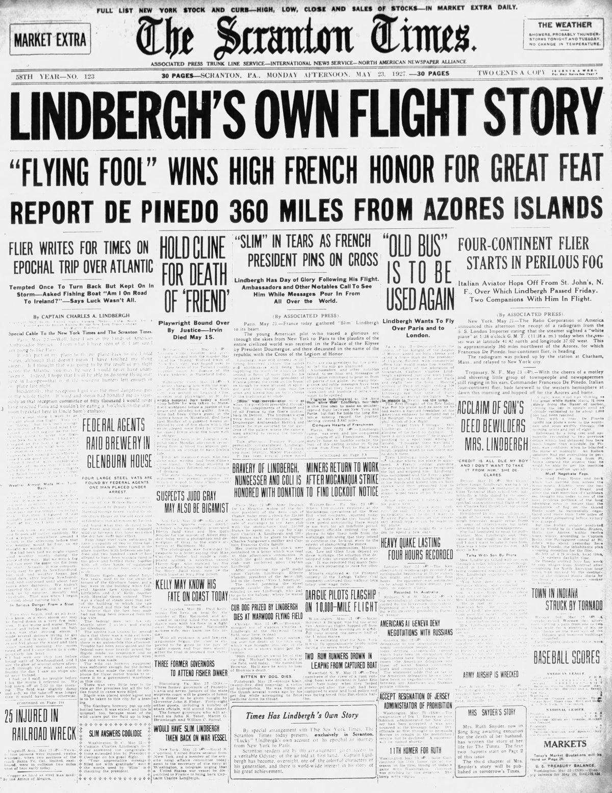 News of Charles Lindbergh's flight graced the front page of The Scranton Times on May 23, 1927. Courtesy Scranton Times-Tribune