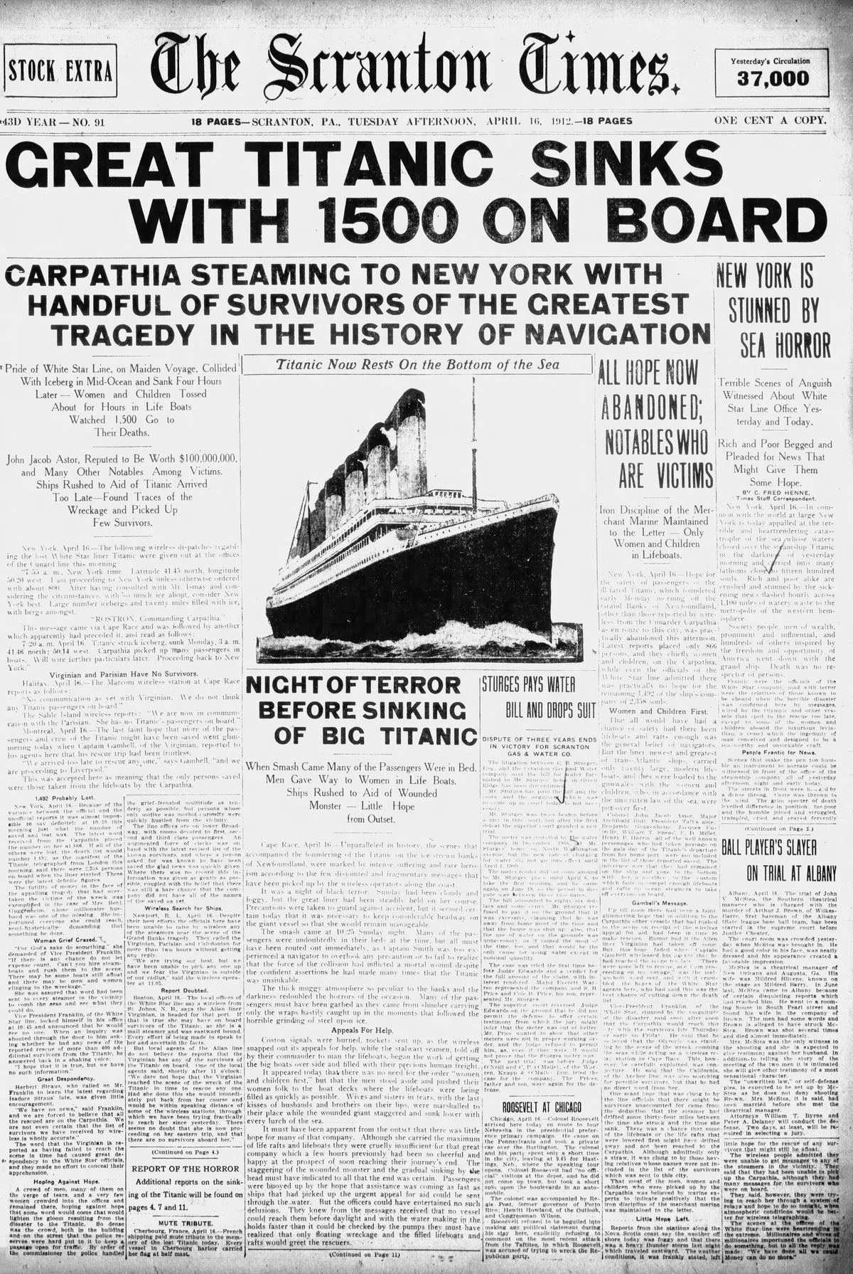News of the Titanic sinking was announced in The Scranton Times on April 16, 1912. Courtesy Scranton Times-Tribune