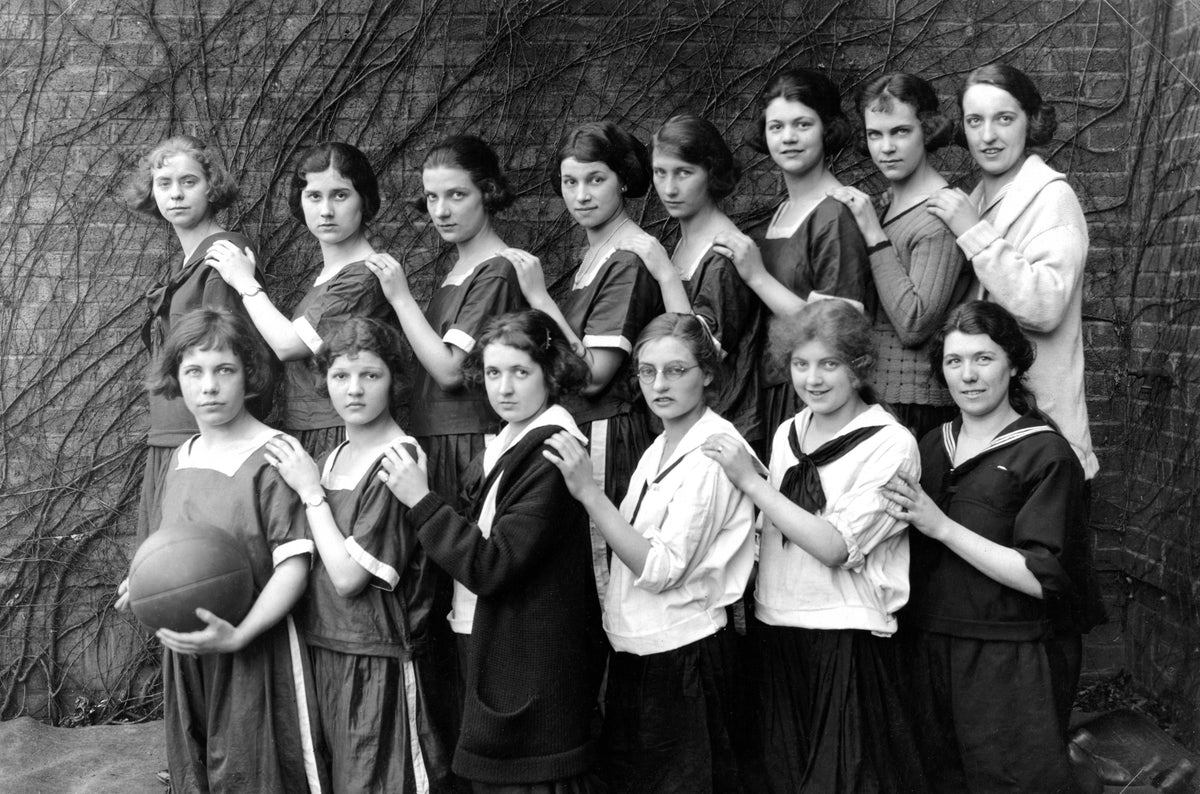 New Philadelphia basketball team and 1923 state champions. First row, from left: Jane Andreas, Gertrude Reiser, Anna Gertrude Dick, Helen Johns, Vivian Benedum, Martha Waltz (Wright). Back row: Florence Norman, Elsie McConnell, Francis Fribley, Myrtle English, Virginia Hoffman, Doris Butler, Sara Aeschleman. Courtesy Levi Waltz Family