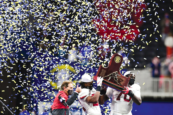 With a thumbs-up from Nick Saban, seniors Najee Harris and Alex Leatherwood hoisted the SEC trophy. If confetti fell on them twice more, Alabama would be champions for the 18th time. “Winning the SEC is really, really a significant thing to me,” Saban said, “always has been.” ADAM HAGY/USA TODAY SPORTS
