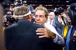 Alabama Crimson Tide head coach Nick Saban and Georgia Bulldogs head coach Kirby Smart shake hands after the 2022 CFP college football national championship game at Lucas Oil Stadium, Jan. 10, 2022. Mark J. Rebilas / USA TODAY Sports