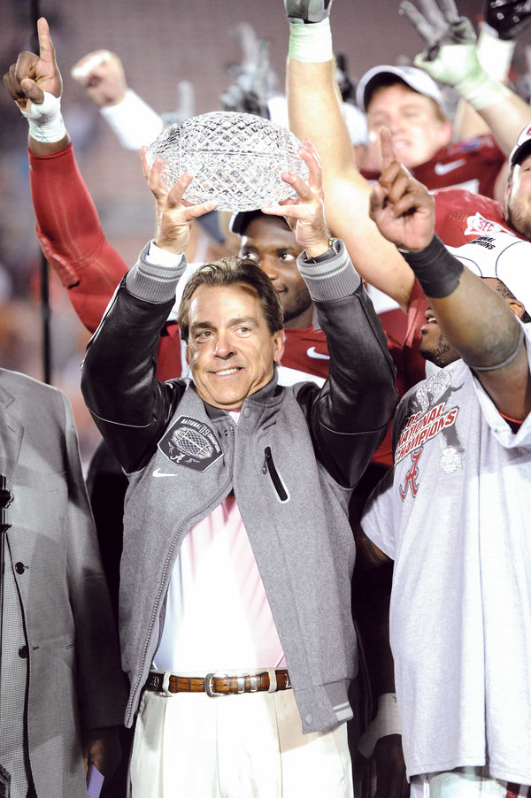 Jan 7, 2010, Pasadena, CA, USA; Alabama Crimson Tide coach Nick Saban holds the Coaches Trophy after the 2010 BCS National Championship against the Texas Longhorns at the Rose Bowl. Alabama defeated Texas 37-21. Mandatory Credit: Kirby Lee/Image of Sport-USA TODAY Sports